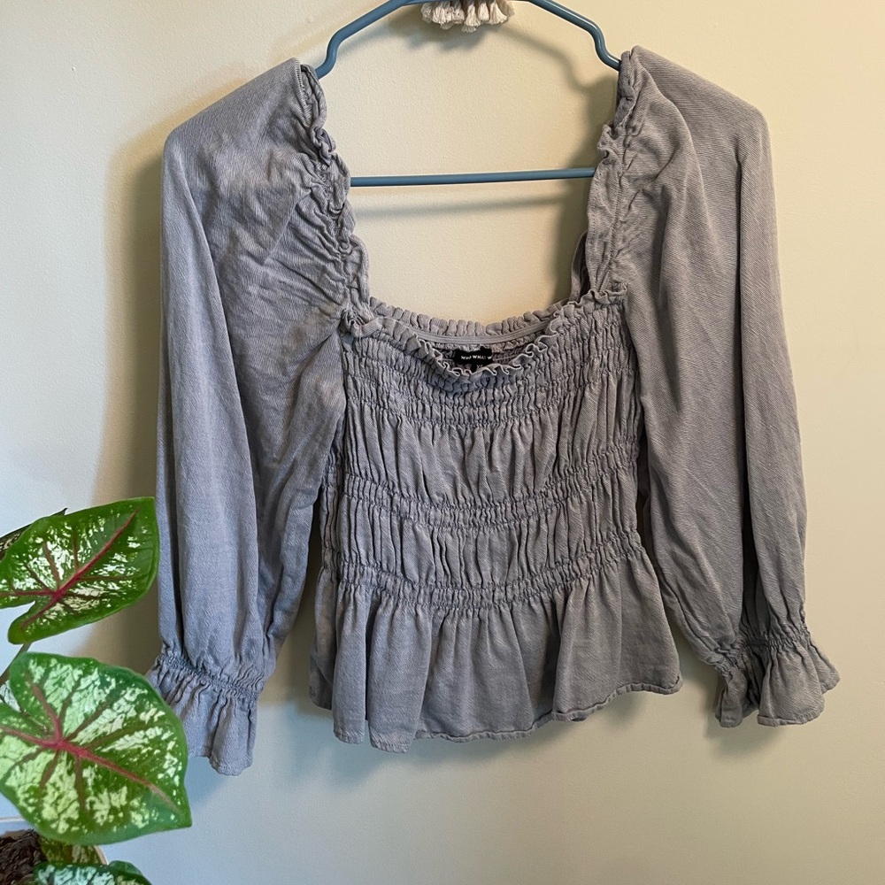 Who What Wear Denim Color Smocked Ruffled Peplum Blouse